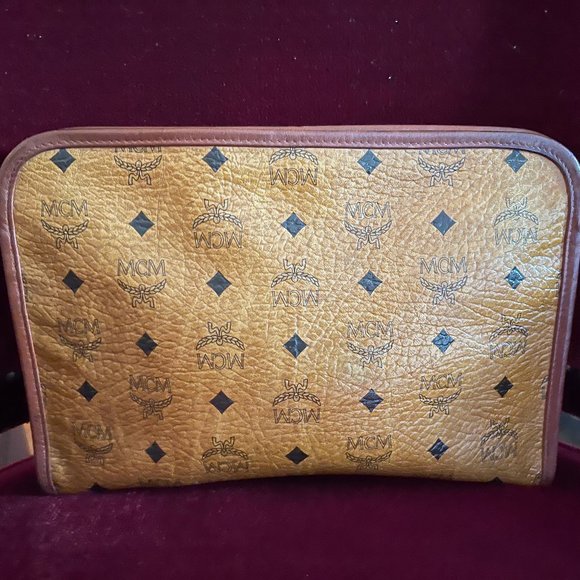 Authentic MCM Visetos Caramel and Tan Coated Canvas Zipper Clutch Purse Handbag - Picture 2 of 10